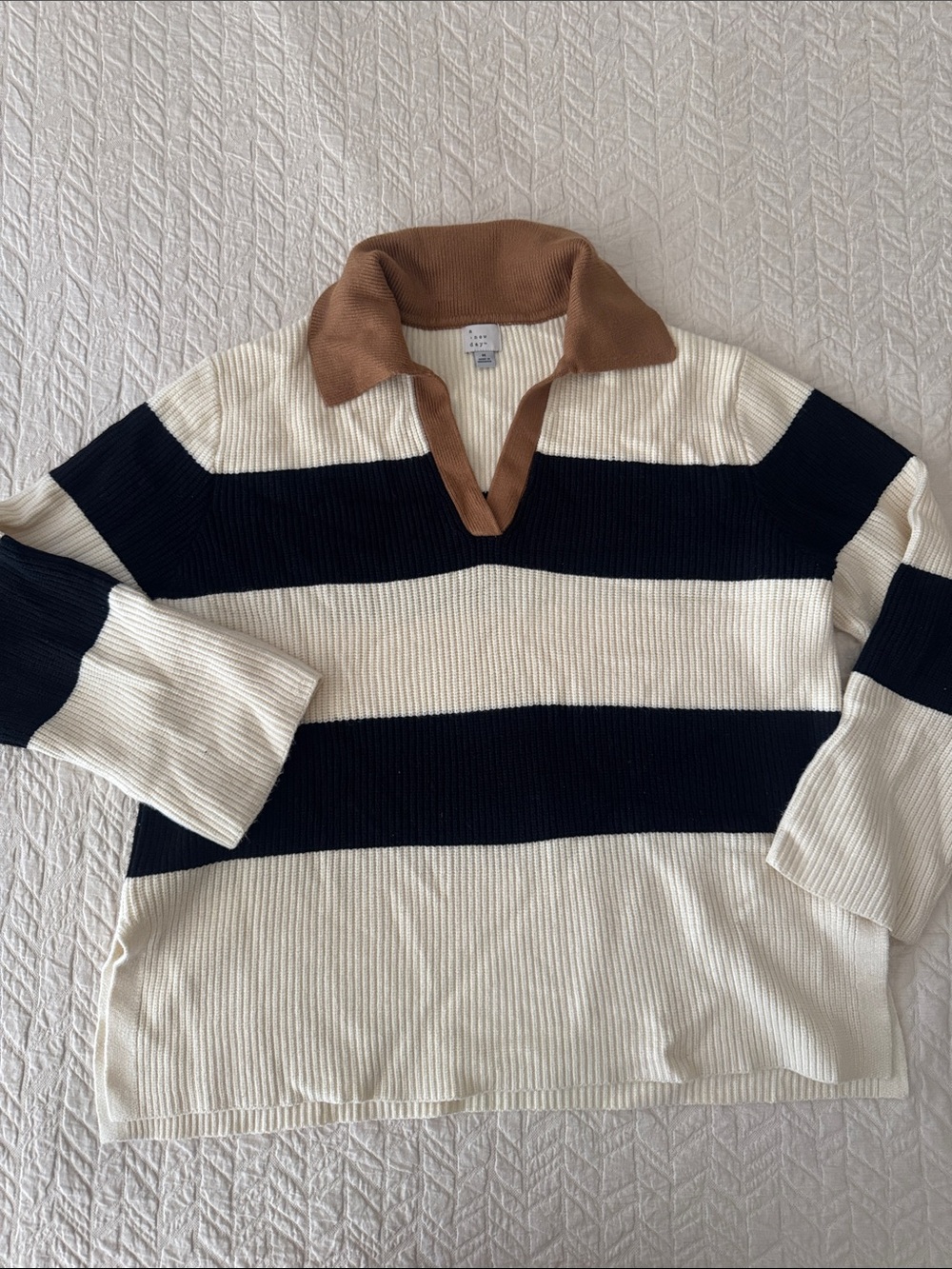 a new day Striped V-Neck Sweater in Cream, Black & Brown